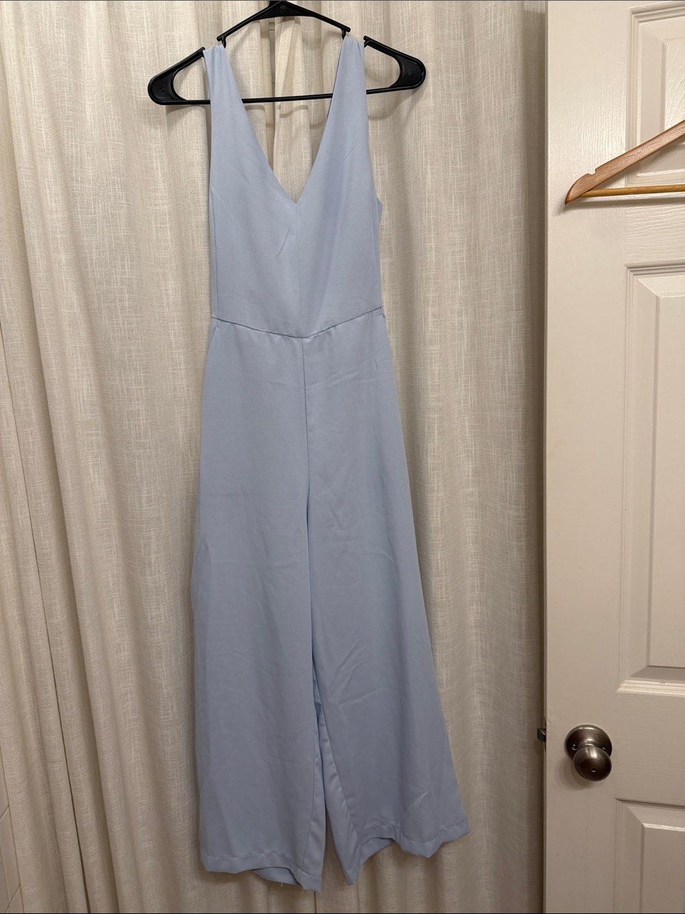 V-Neck Light Blue Wide-Leg Jumpsuit Dress